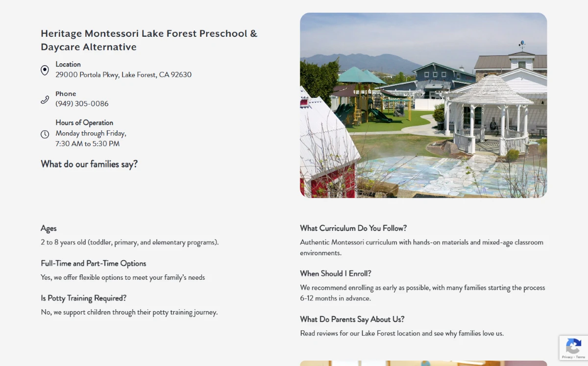 Heritage Montessori School: A page for each campus.