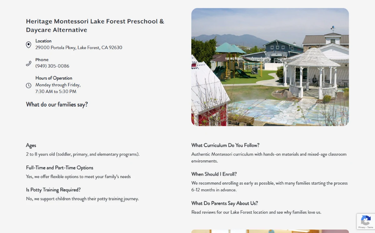 Heritage Montessori School: A page for each campus.