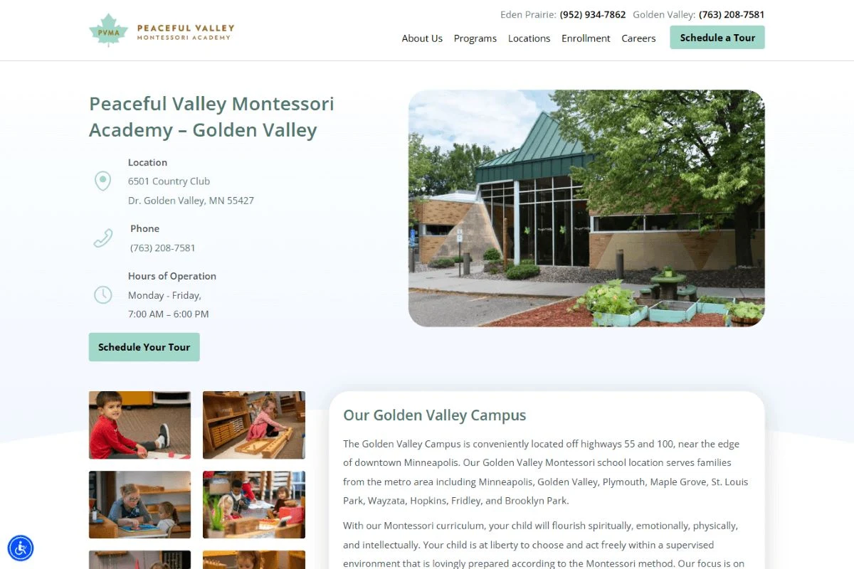 Peaceful Valley Montessori Academy: A page for each campus.
