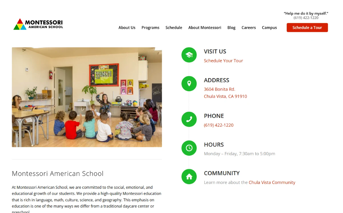 Montessori American School: Contact as a direct conversion opportunity.