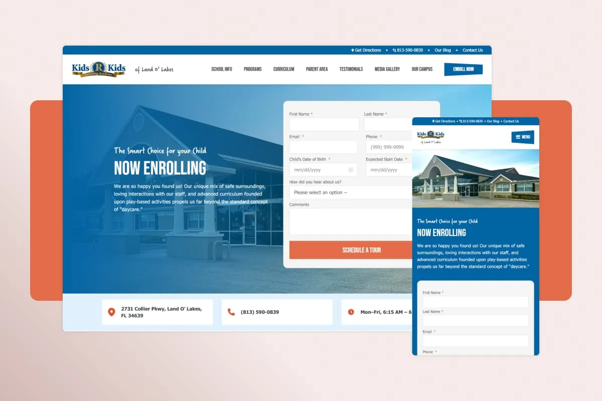 The rebuilt Kids 'R' Kids site on desktop and mobile, with the tour form beside the hero