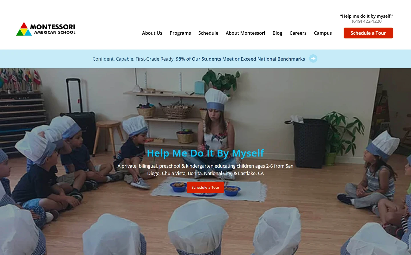 Montessori American School: The promise, the tour and the phone, above the fold.