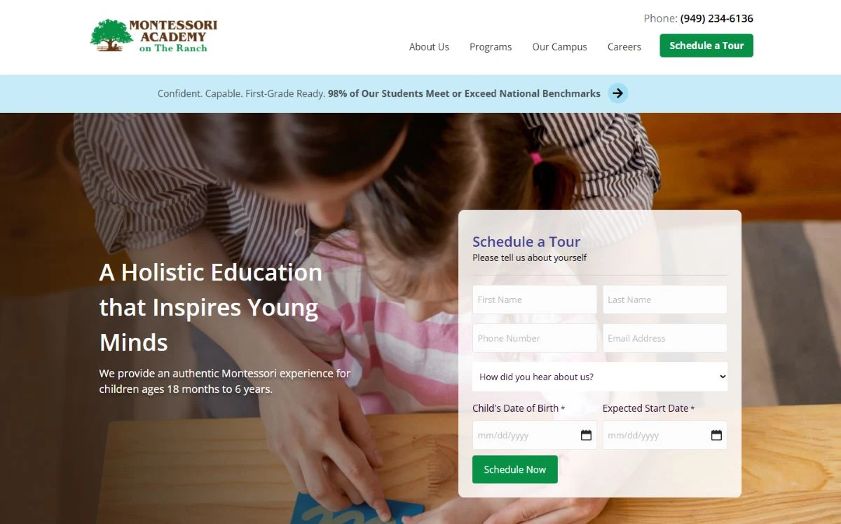 Montessori Academy on the Ranch: A hero with the tour form and the value statement.