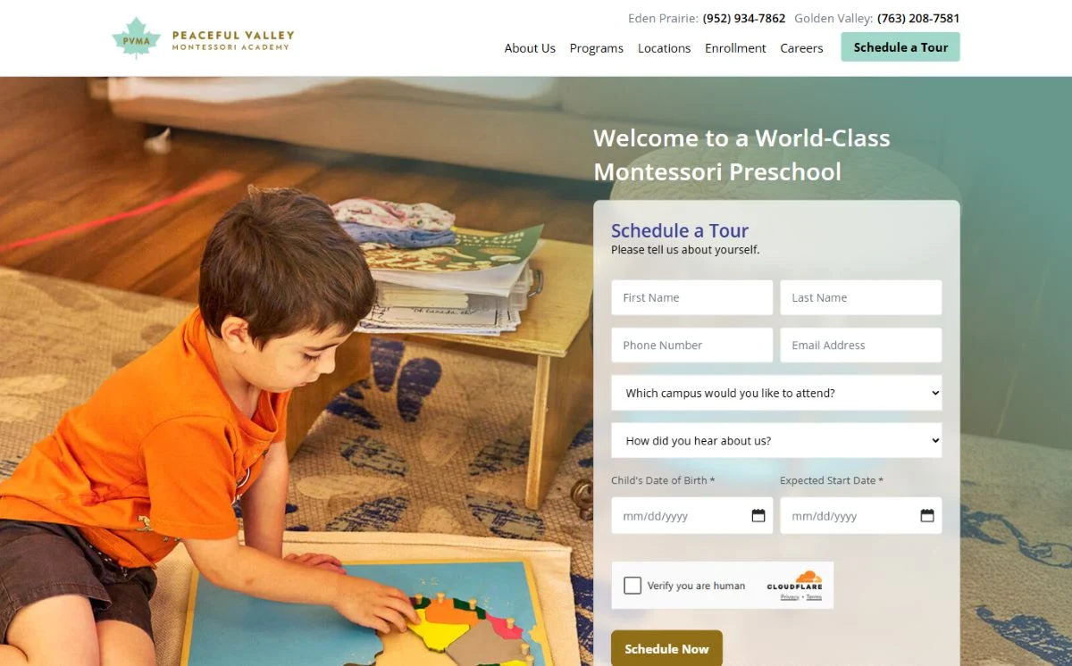 Peaceful Valley Montessori Academy: The tour form in the hero, a campus picker in it.