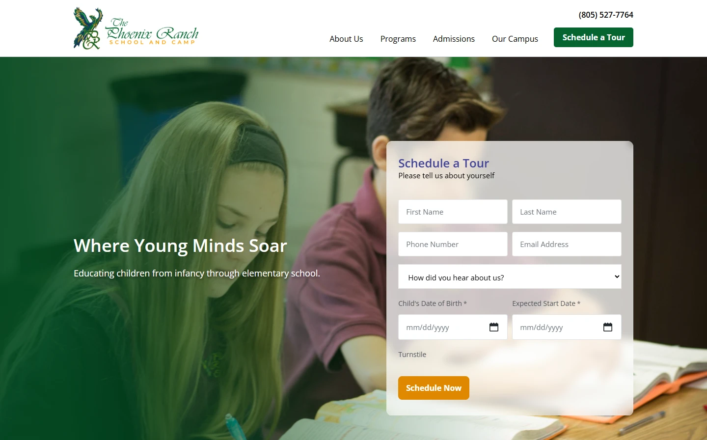 Phoenix Ranch School: An active hero, with the tour form above the fold.
