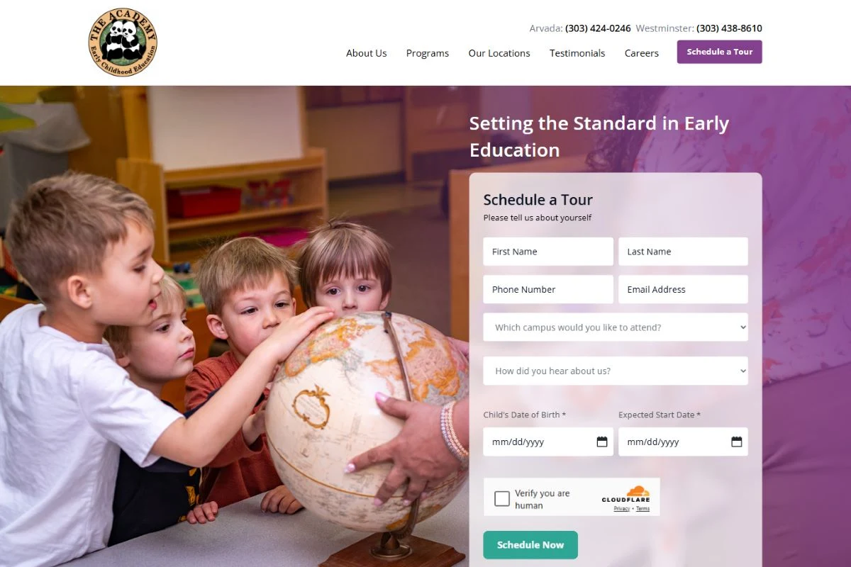 The Academy ECE: Setting the standard, with the tour form in the hero.