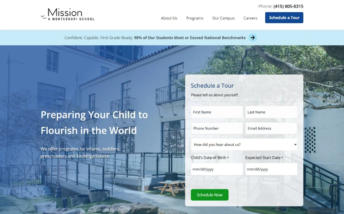 Mission Montessori School: Warmth and openness from the first screen.