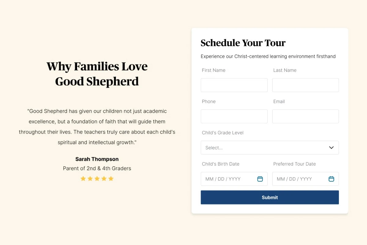 Good Shepherd Episcopal School: Authentic testimonials beside the tour form.