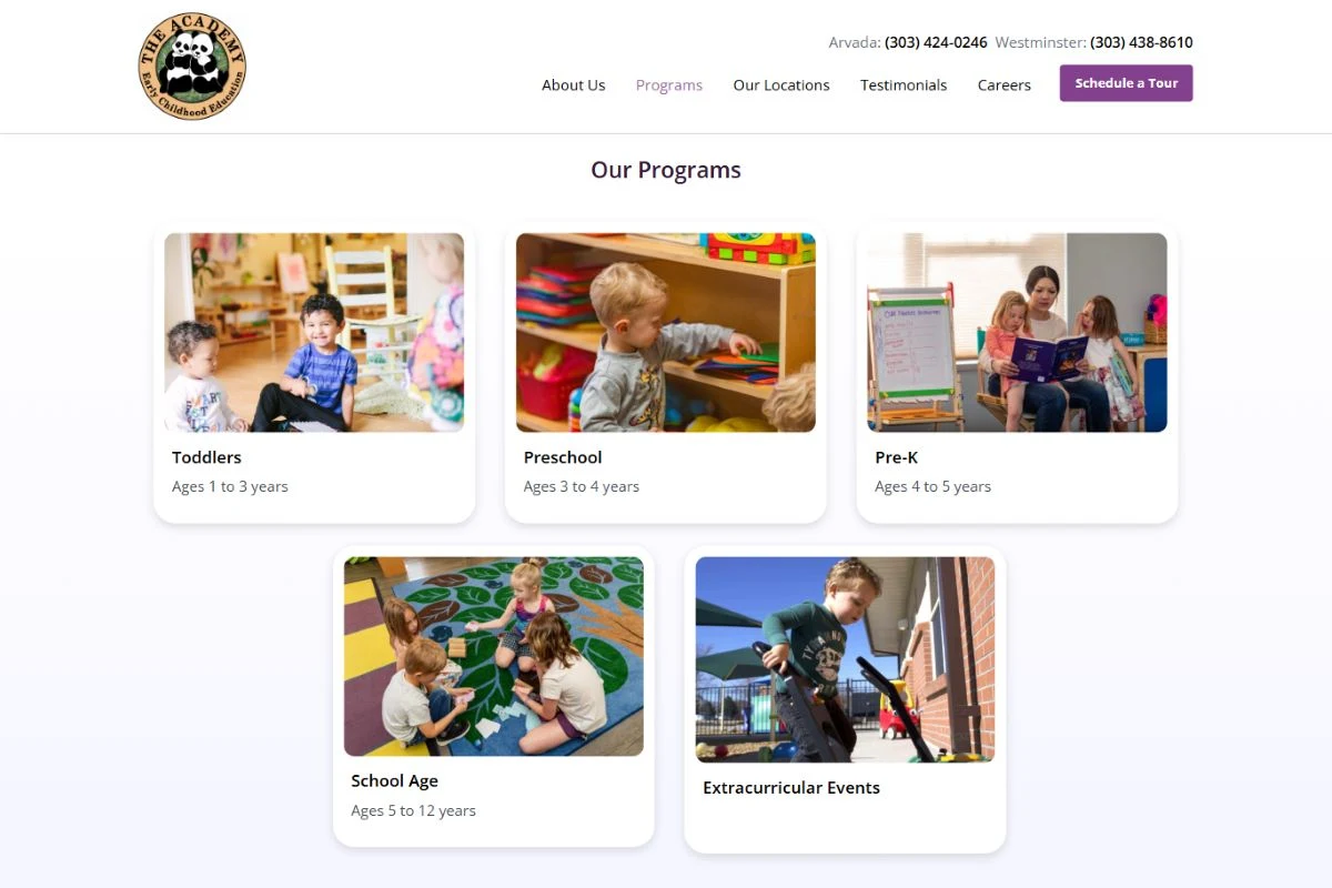 The Academy ECE: Clear program pathways by age.