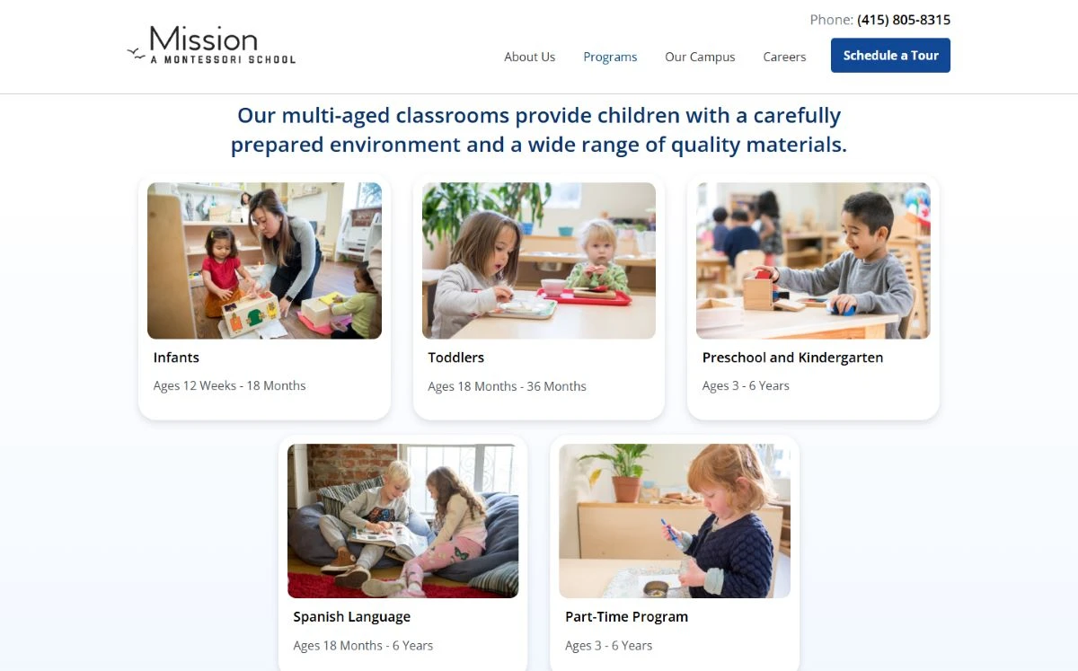 Mission Montessori School: Program pages that walk families through each stage.