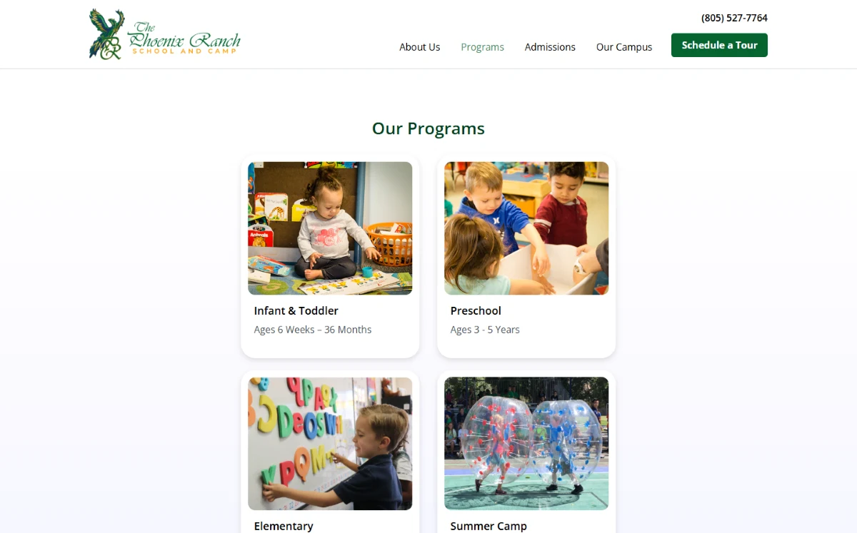Phoenix Ranch School: Program cards that lead with the age.
