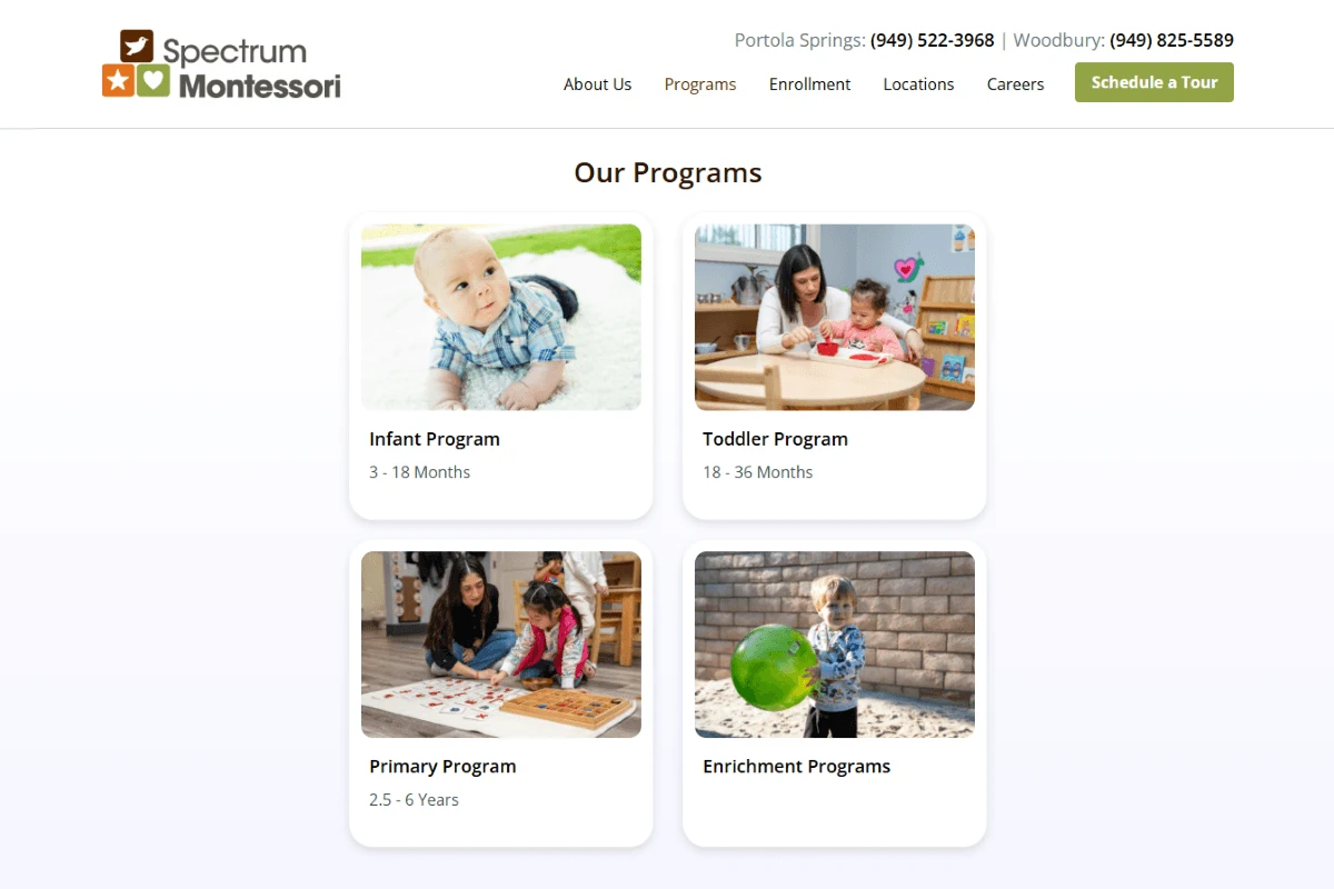 Spectrum Montessori: Four programs, visually distinct, with age pathways.