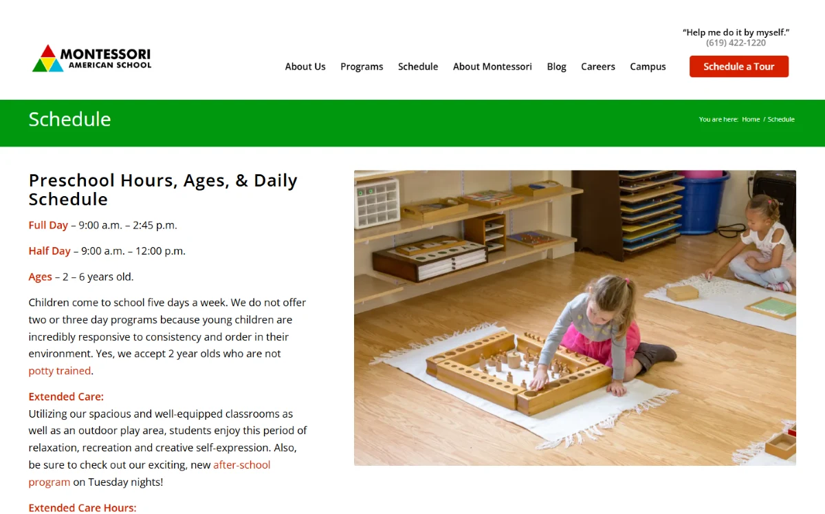 Montessori American School: Navigation restructured around the enrollment journey.